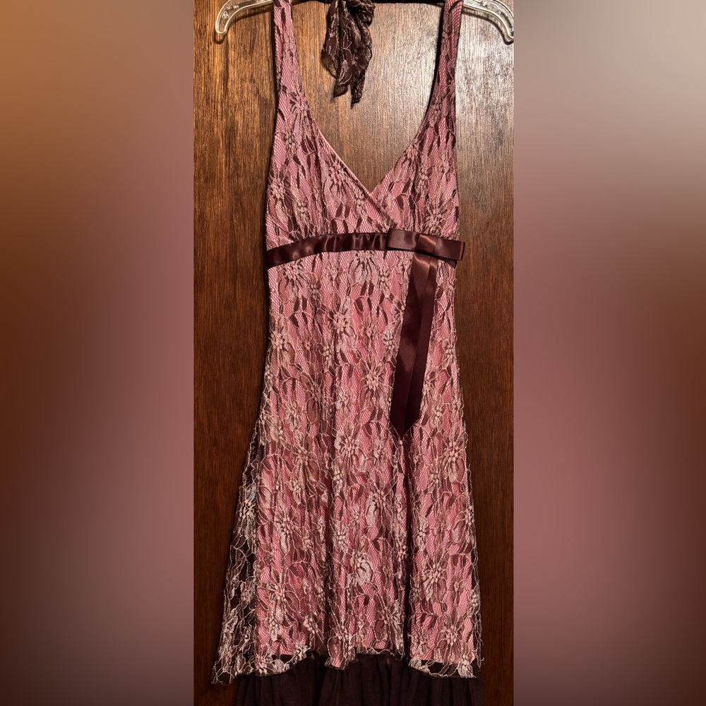 Love Tease Blush and Chocolate Halter Lace Dress